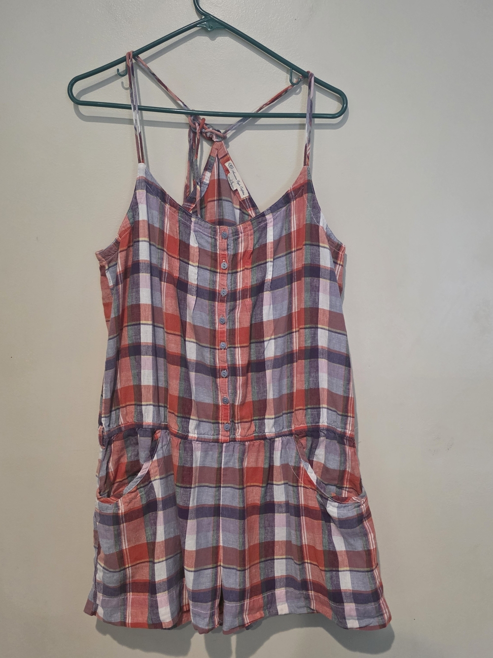 American Eagle Women's Plaid Linen Cotton Romper Beach Coastal Fisherman Pockets